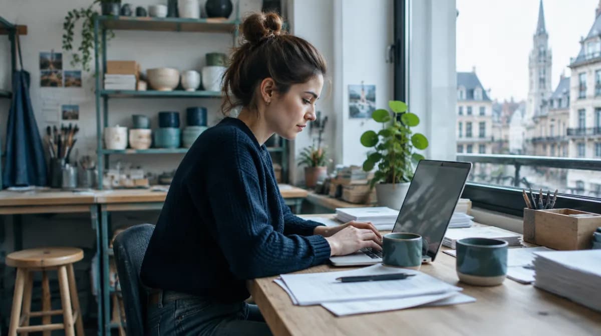 Une entrepreneuse travaille sur son ordinateur dans son atelier